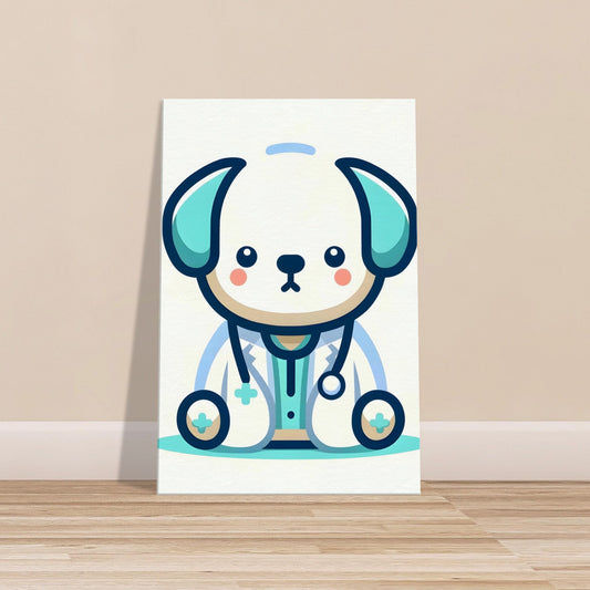Canvas print of a cartoon dog wearing a doctor’s coat with a kind expression on a soft-colored background.