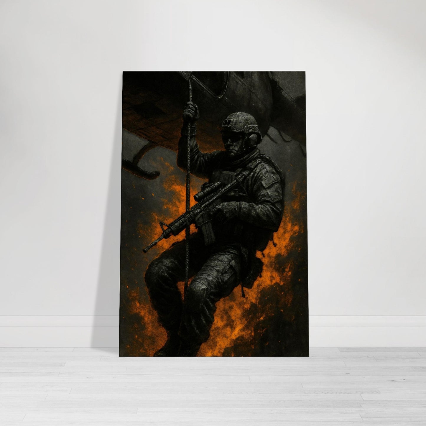 Epic wall art of a soldier hanging from a helicopter over flames. Rugged, action-heavy print with orange accent tones from the Warfare Division collection.
