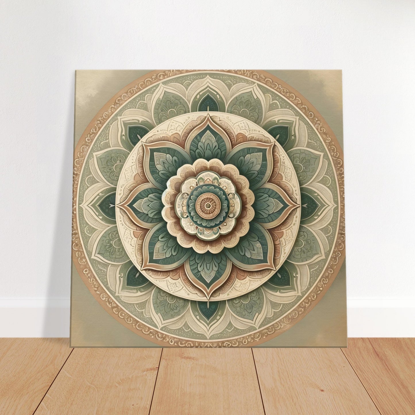 Mandala artwork featuring intricate patterns with sage green, lavender, and ochre accents on an earthy-toned background.
