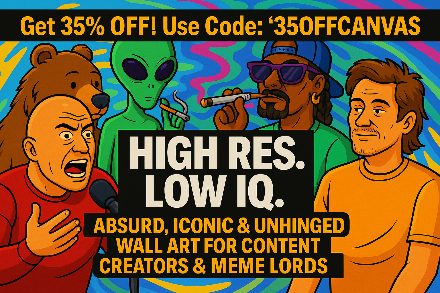 Vibrant 3:2 ratio promotional banner for Canvas Connoisseurs featuring bold cartoon characters, swirling colorful background, and text 'Get 35% OFF! Use Code: 35OFFCANVAS' with the slogan 'HIGH RES. LOW IQ.