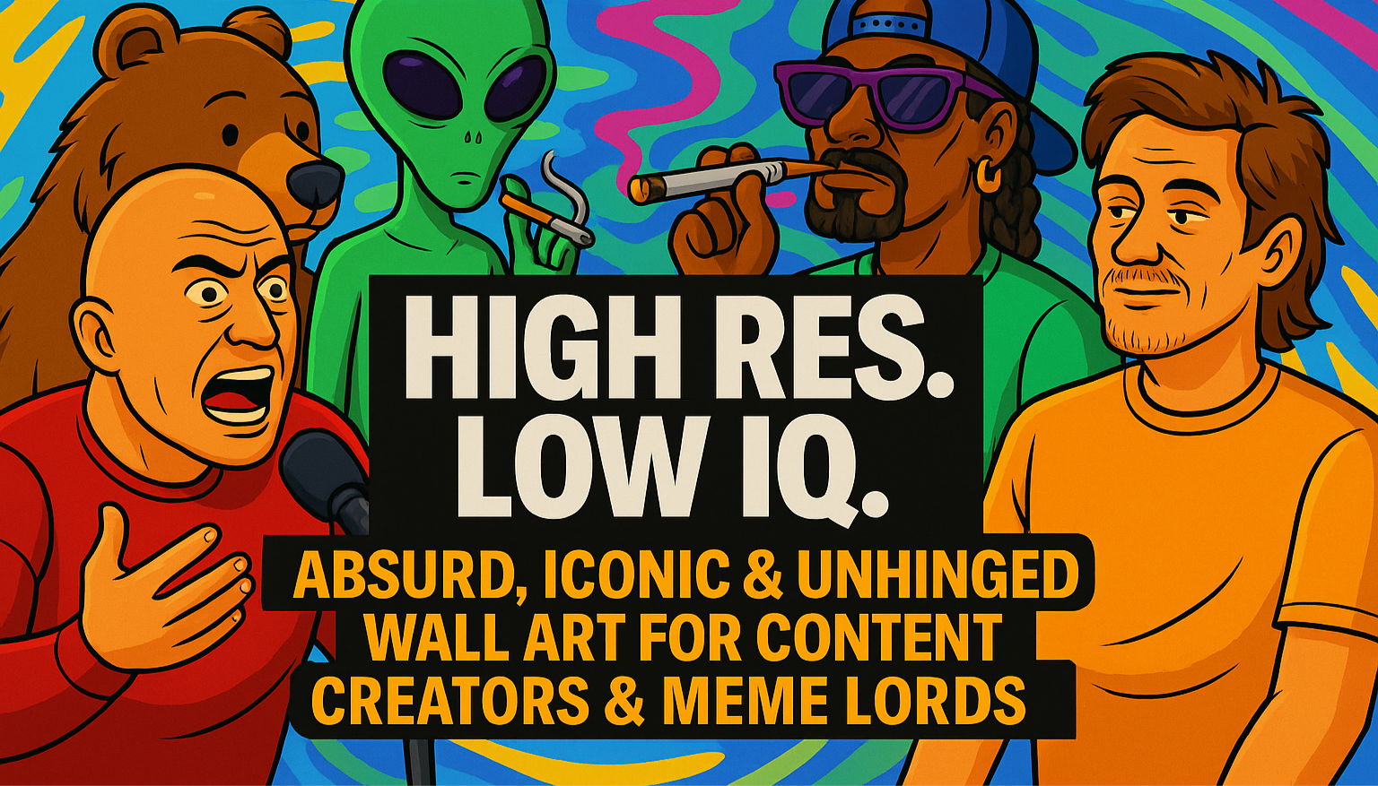 Vibrant 3:2 ratio promotional banner for Canvas Connoisseurs featuring bold cartoon characters, swirling colorful background, and text 'Get 35% OFF!' with the slogan 'HIGH RES. LOW IQ.