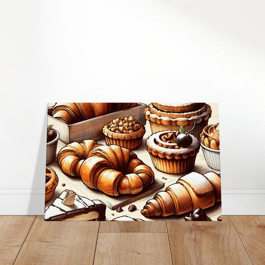 Canvas art depicting hand-drawn buttery croissants, flaky danishes, éclairs, and tarts.