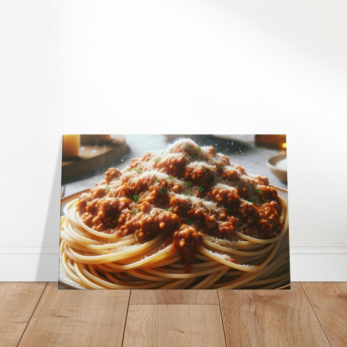 Canvas art depicting a plate of spaghetti topped with Bolognese sauce and grated Parmesan cheese falling over it.