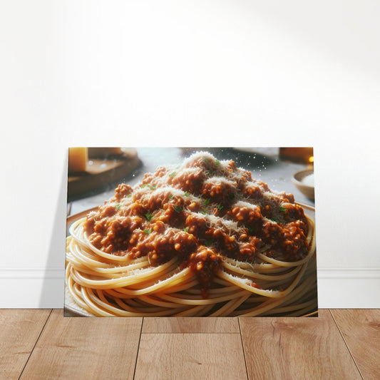 Canvas art depicting a plate of spaghetti topped with Bolognese sauce and grated Parmesan cheese falling over it.