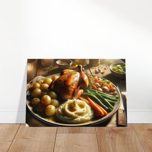 Canvas art depicting a roasted chicken with mashed potatoes, green beans, glazed carrots, and boiled potatoes on a rustic wooden table.