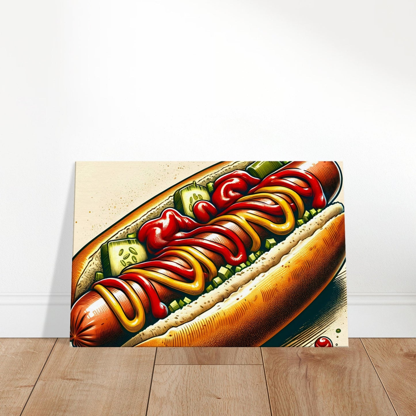 Canvas art depicting a juicy hot dog in a golden bun with ketchup, mustard, and relish toppings.