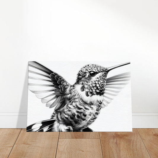 Canvas artwork of a hummingbird with iridescent feathers hovering among colorful flowers.
