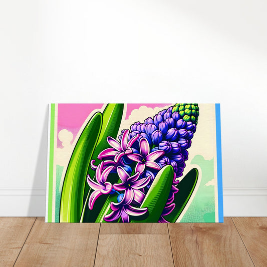Pop art floral artwork of a hyacinth in bright purples and pinks with bold outlines and a pastel halftone background.