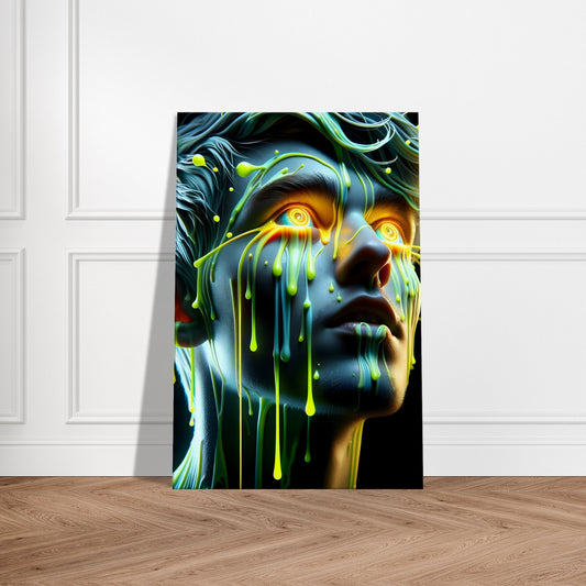 Portrait of an inquisitive figure with vivid green and yellow paint drips, expressing curiosity and wonder in modern style.