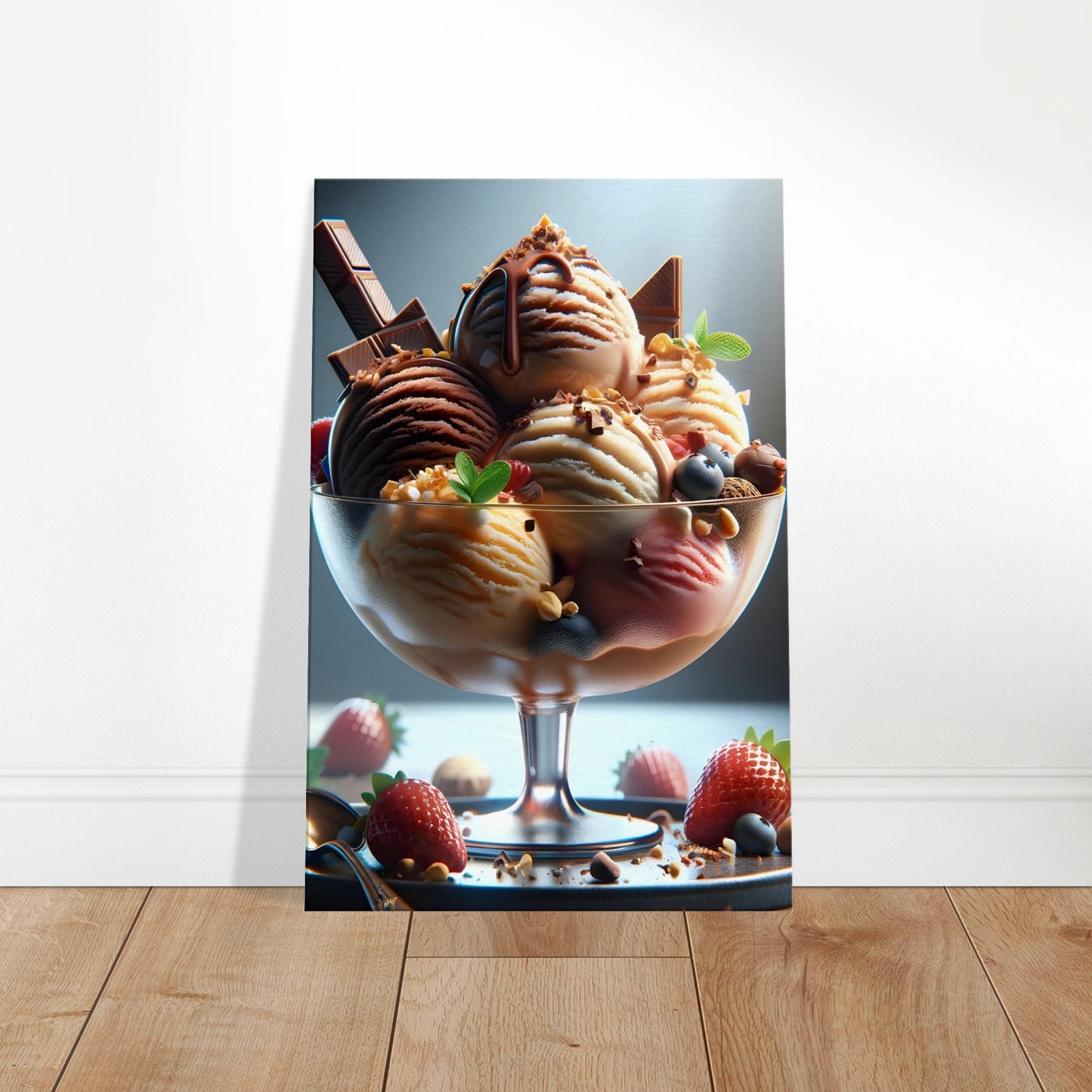 Canvas art depicting gourmet ice cream scoops with chocolate, vanilla, strawberry, berries, nuts, and caramel drizzle.
