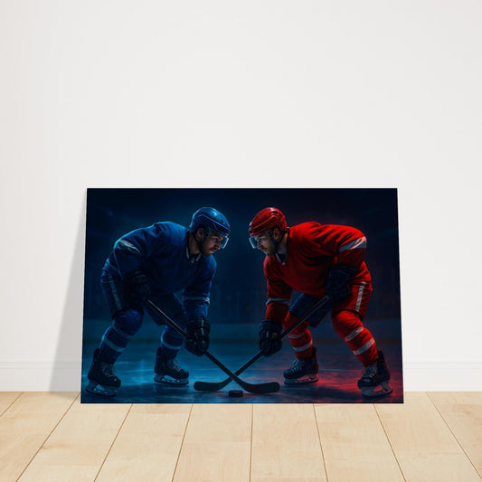Two ice hockey players facing off at centre ice under arena lights.
