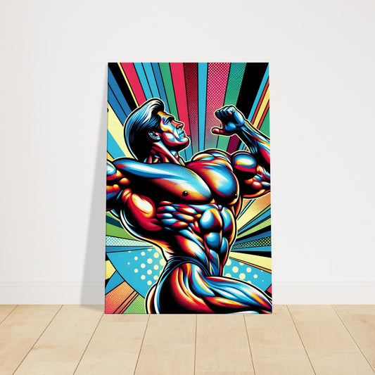 Pop art canvas of muscular man in Arnold pose with neon geometric background