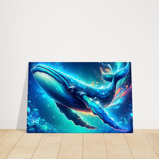 Pop art depiction of a luminous Blue Whale swimming against a backdrop of deep blues and abstract ocean patterns.