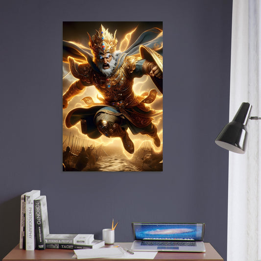 A Persian Immortal leaps mid-air in gold and royal blue armor, with a flowing cloak over a chaotic ancient battlefield.