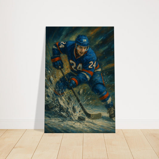 An ice hockey players colliding mid-game with ice shards flying in the air, frozen in time.