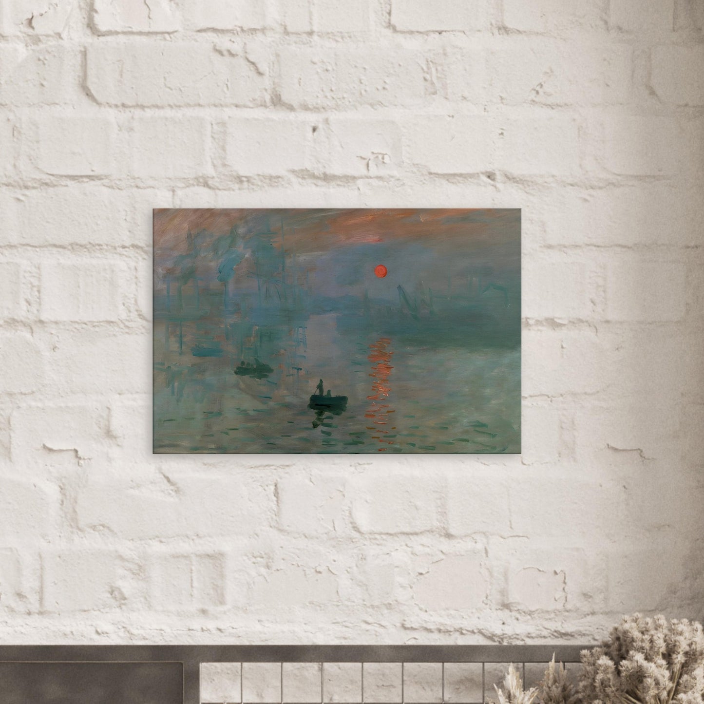 Canvas art reproduction of Claude Monet’s Impression, Sunrise, depicting a tranquil port scene with glowing sunlight, misty sea, and expressive brushwork.