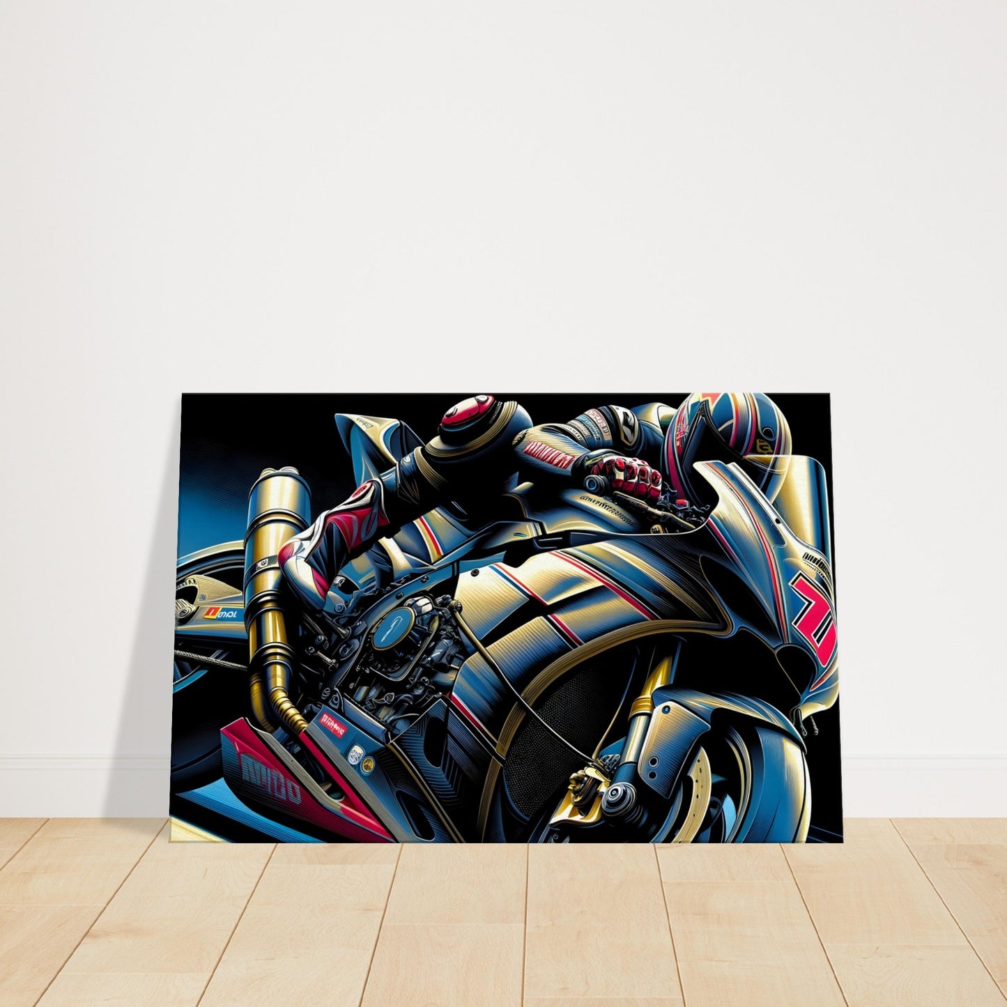 High-performance motorcycle racing at speed with vivid colors and motion effects highlighting intensity and design.