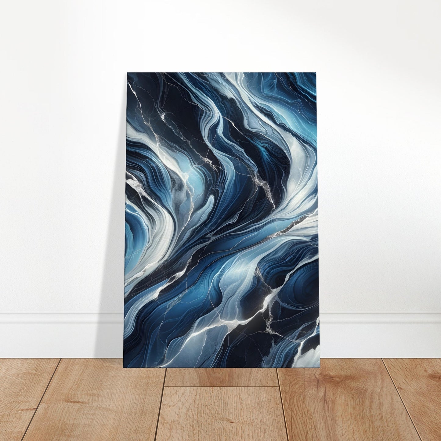 Indigo blue marble wall art with icy blue and silver veining and a polished finish for a bold, modern look.