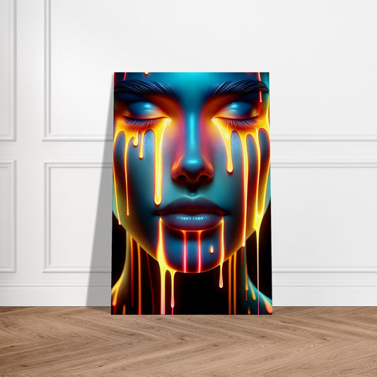 Portrait of a serene figure with warm red and orange paint drips, conveying tranquility and inner calm in modern expressionist style.