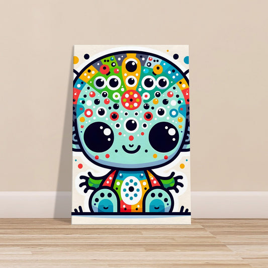 Minimalist cartoon alien with multiple eyes and limbs in vibrant colors on a plain white background.