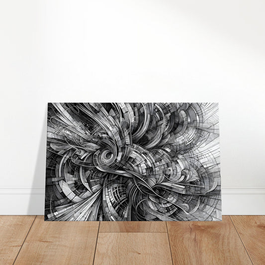 Grayscale abstract canvas featuring a dense network of interwoven lines creating a complex geometric pattern.