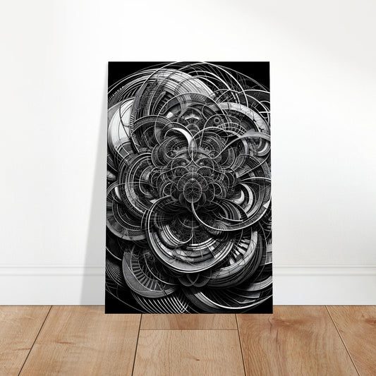 Black and white abstract canvas featuring interwoven lines and curves forming a layered, maze-like geometric pattern.