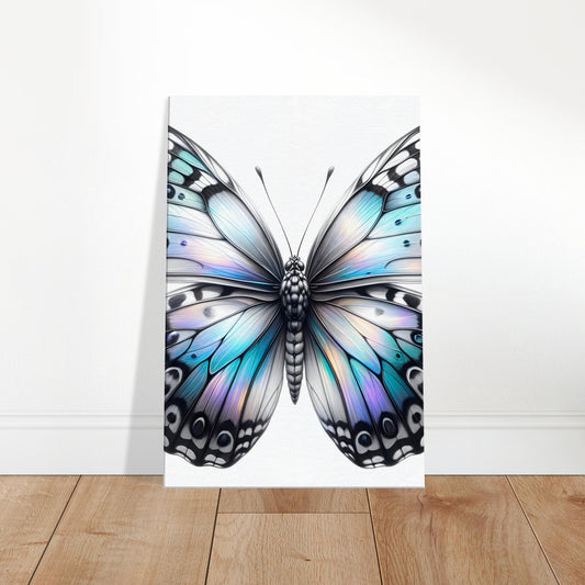 Canvas print of a detailed iridescent butterfly with intricate wing veins on a muted background.
