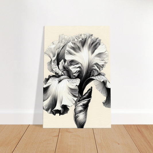 Pencil sketch of an iris flower with finely shaded petals and soft curves on a minimalist white background