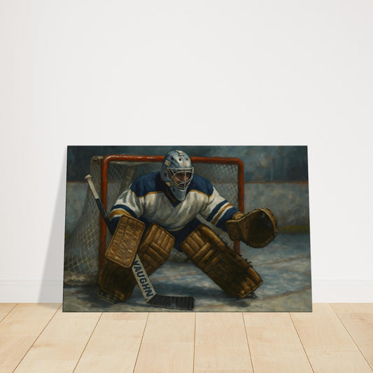 Close-up of an ice hockey goalie mask with reflections and intricate details of the rink.