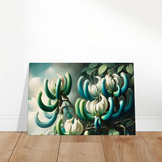 Artistic depiction of Jade Vine with vibrant turquoise, claw-shaped flowers set against lush green foliage.