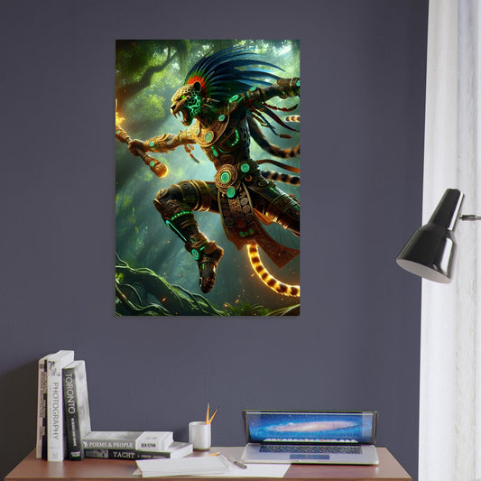 An Aztec Jaguar Warrior in fur-adorned armor leaps with a macahuitl club, glowing in green and orange amid a dense Mesoamerican jungle.