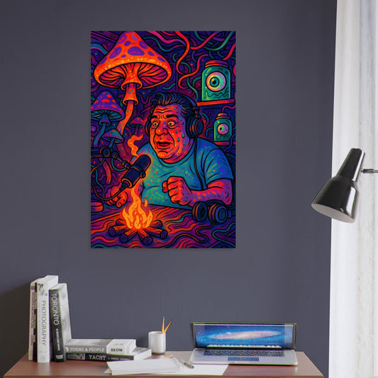 Joey Diaz surrounded by glowing mushrooms, eyeballs, and chaotic podcast gear in a psychedelic room – surreal comedy metal wall art.