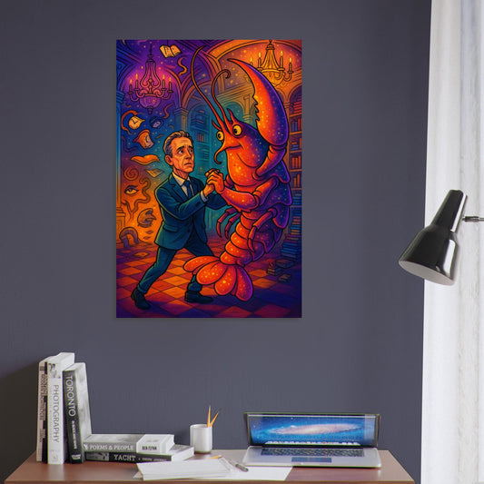 Jordan Peterson dancing with a giant lobster in a surreal ballroom divided between chaos and order – metal poster.