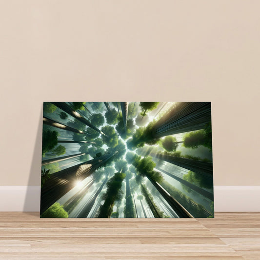 Sunlight filtering through dense jungle canopy viewed from below, highlighting tall trees and layered foliage.
