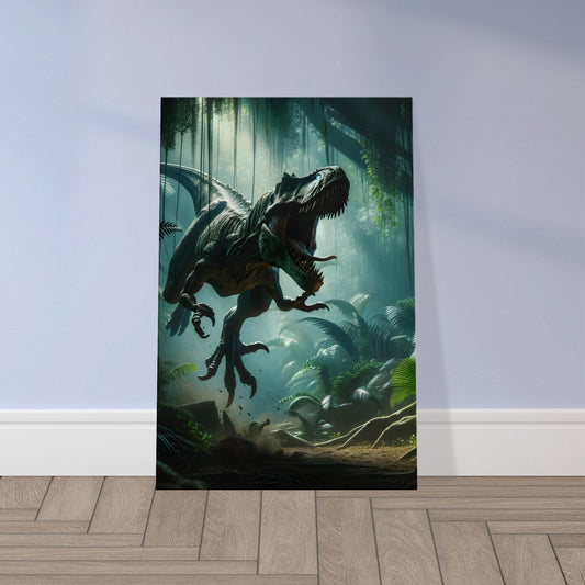 Wall art of an Allosaurus mid-attack in a dense, dimly lit jungle, showcasing its ferocity and movement.