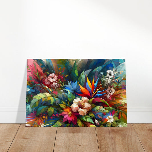 Tropical rainforest canvas with dense green foliage and vibrant exotic flowers painted in rich, expressive brushstrokes.
