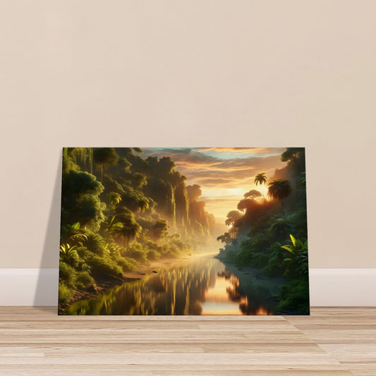 Sunrise over a calm jungle riverbank with tropical foliage reflecting golden light on the water.