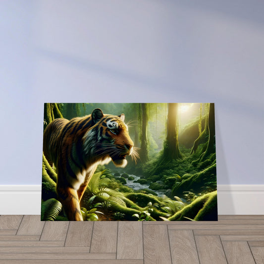 Wall art of a jungle tiger standing majestically amid vibrant green foliage.