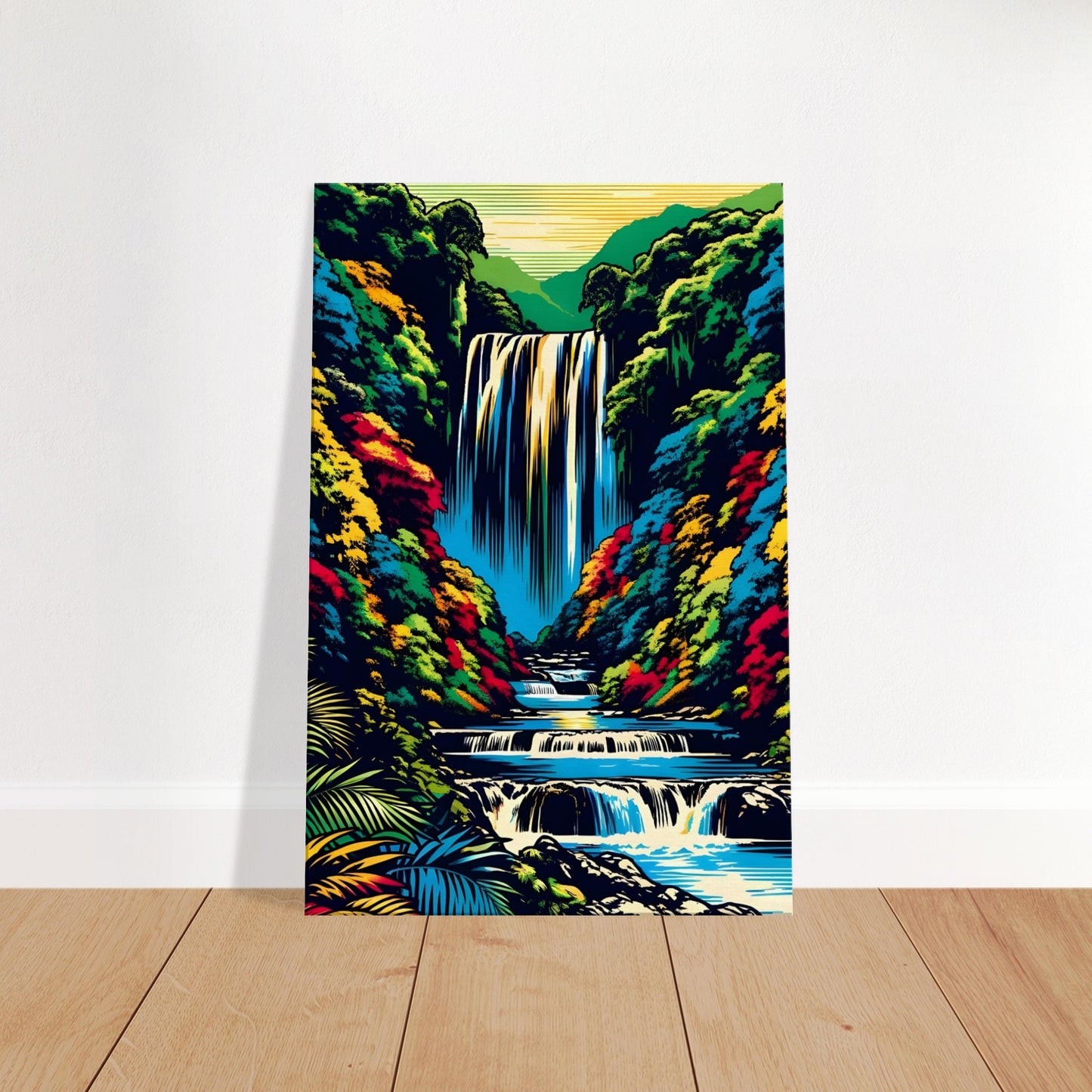 Pop art-style jungle waterfall with vivid foliage, cascading white water, and colorful light effects in a tropical rainforest setting.