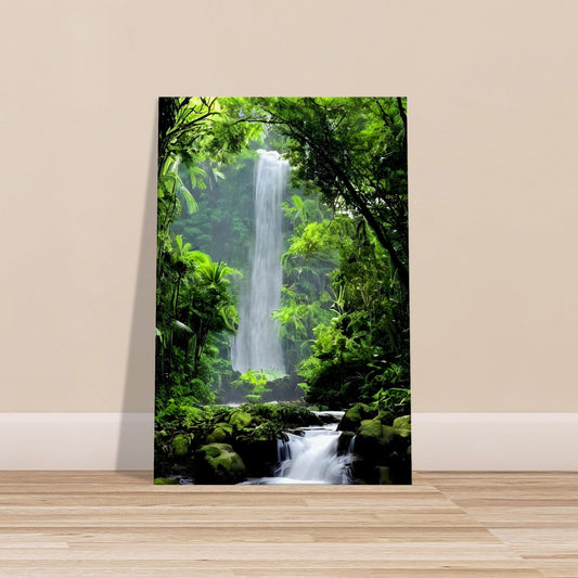 Tropical jungle scene with fast-flowing river rapids and a distant waterfall surrounded by dense green foliage.