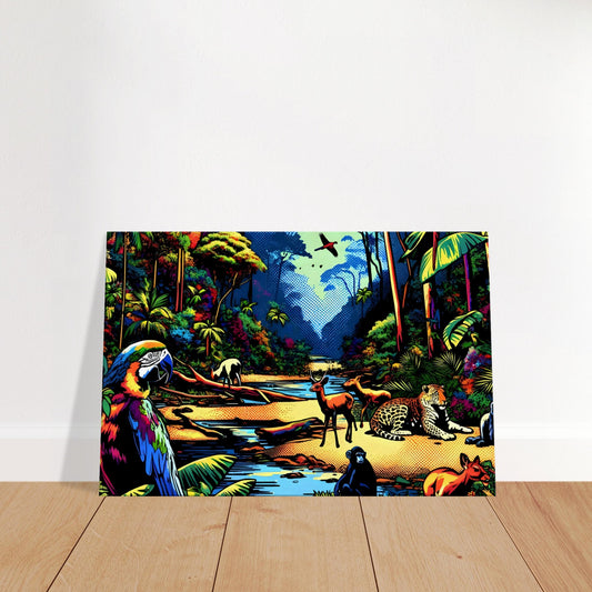Colorful pop art jungle scene with a parrot, leopard, monkey, deer, and lush rainforest foliage.