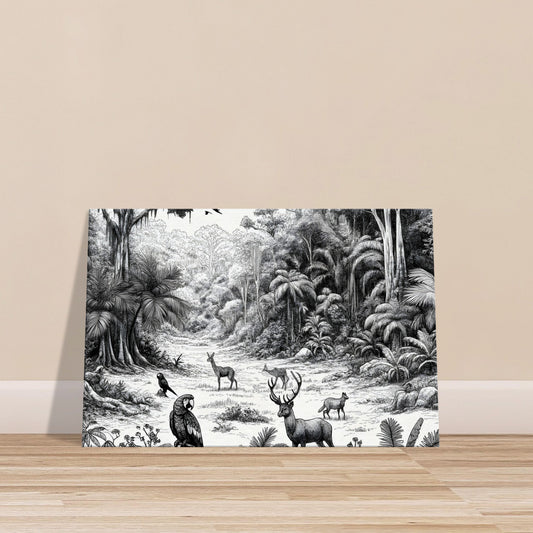 Sketch of jungle wildlife featuring a monkey, parrot, and deer in a tropical forest clearing with detailed foliage.