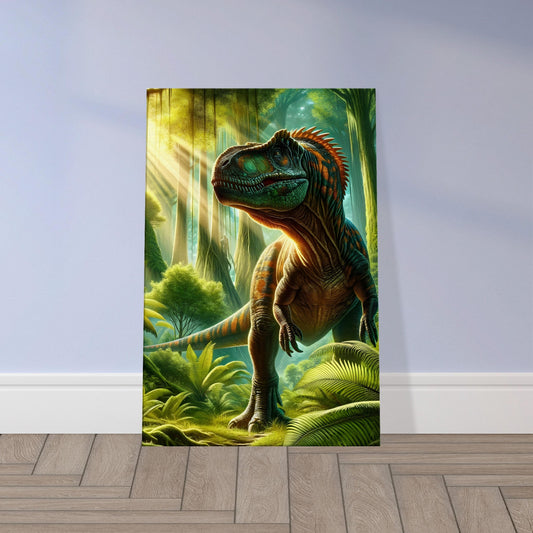 Wall art featuring a large dinosaur in a detailed prehistoric jungle with dramatic light, shadow, and foliage textures.
