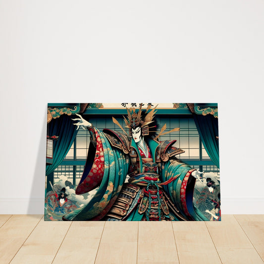 Kabuki actor in a vivid turquoise and crimson costume performing on an ornate traditional Japanese stage.