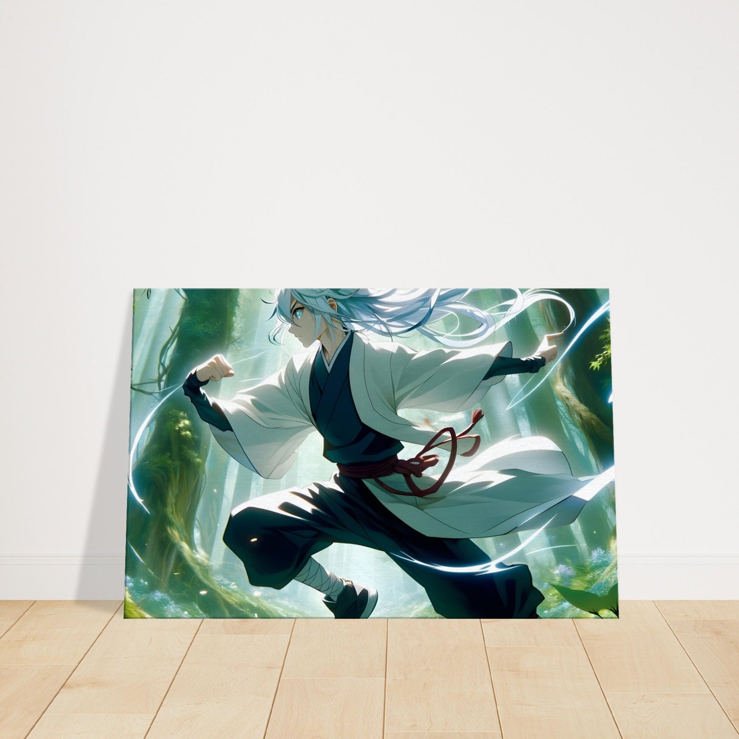Anime character Kaito dueling in a magical forest, surrounded by glowing trees and vibrant motion effects.