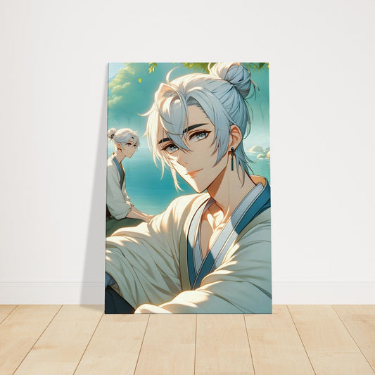 Anime-style character Kaito relaxing beside a calm lake, surrounded by tranquil nature and soft celestial light.