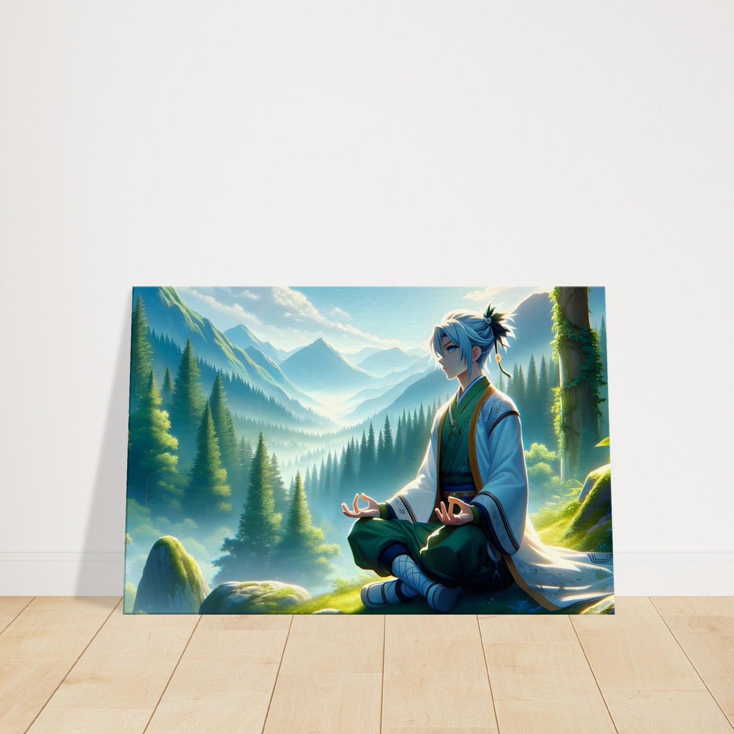 Kaito meditating in a peaceful natural landscape, surrounded by forest or mountains.