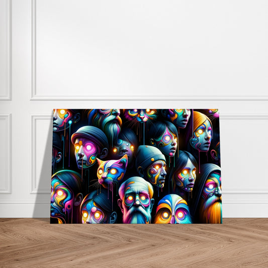 Surreal artwork featuring glowing paint-dripped characters and animals in vivid colors, evoking a dreamlike kaleidoscopic scene.