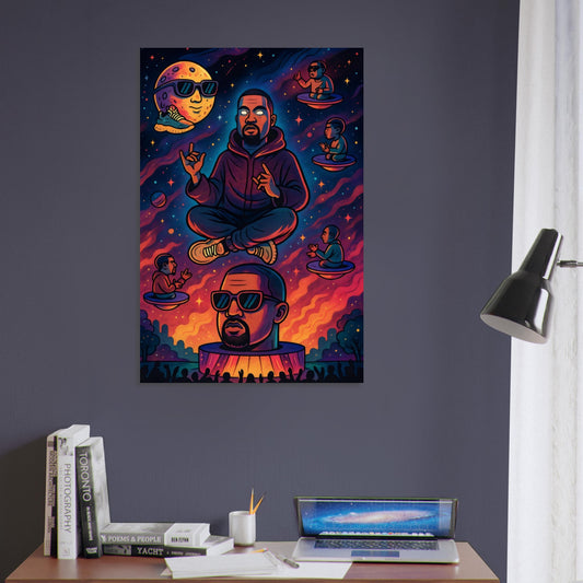 Kanye West levitating above a glowing head-shaped stage with miniature versions of himself and Yeezy-themed moon and planets.