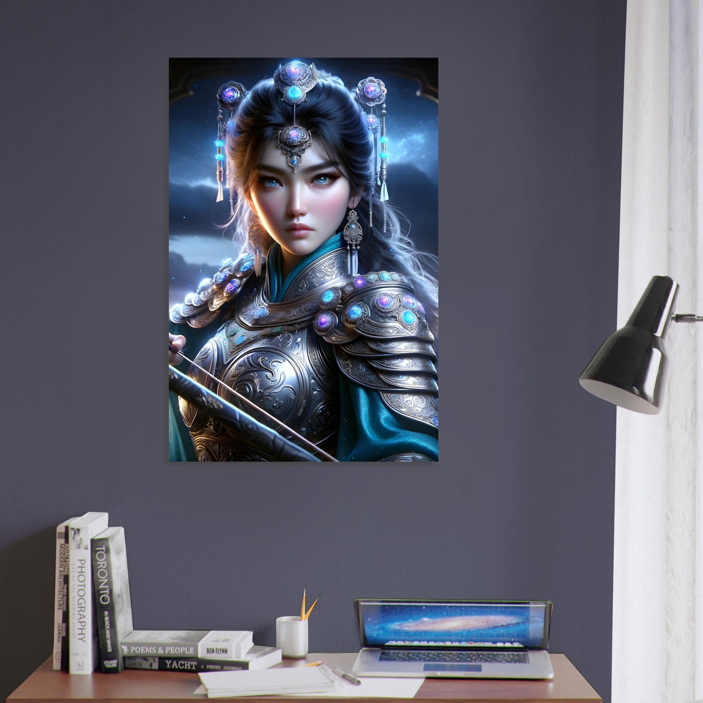 Khutulun in azure blue and silver armor holds a glowing bow on a dark Mongolian steppe at dusk.